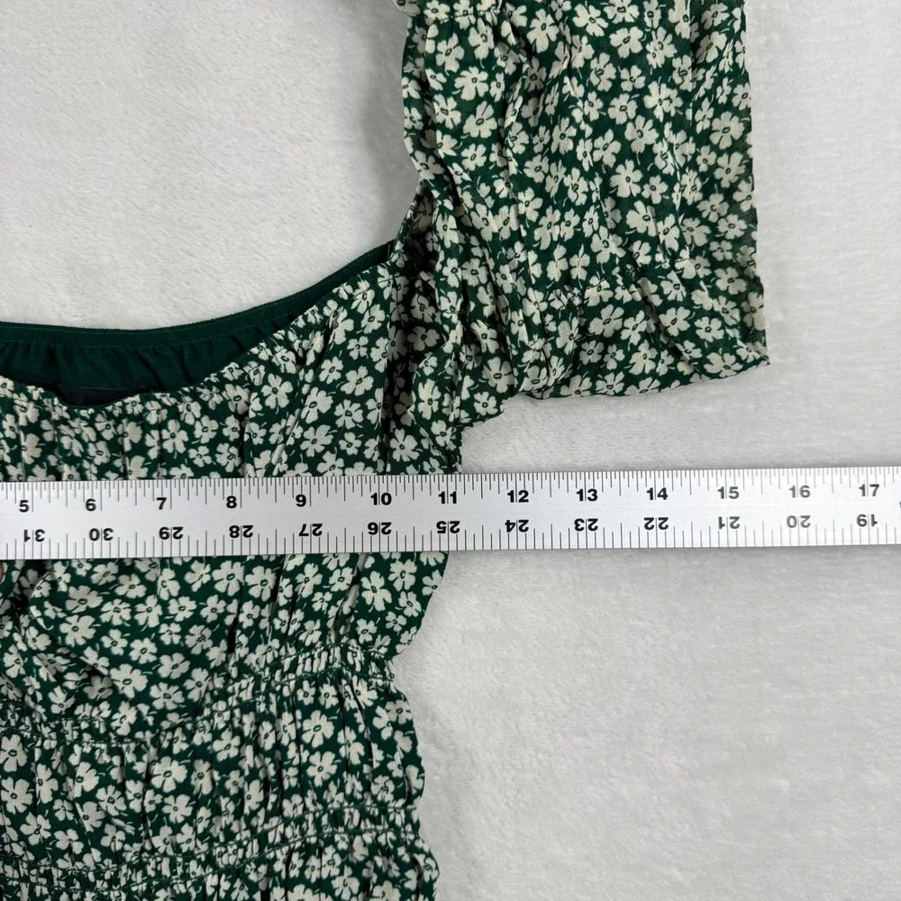 Reformation Green Floral Smocked Peplum Top Square Neck Puff Sleeve Medium